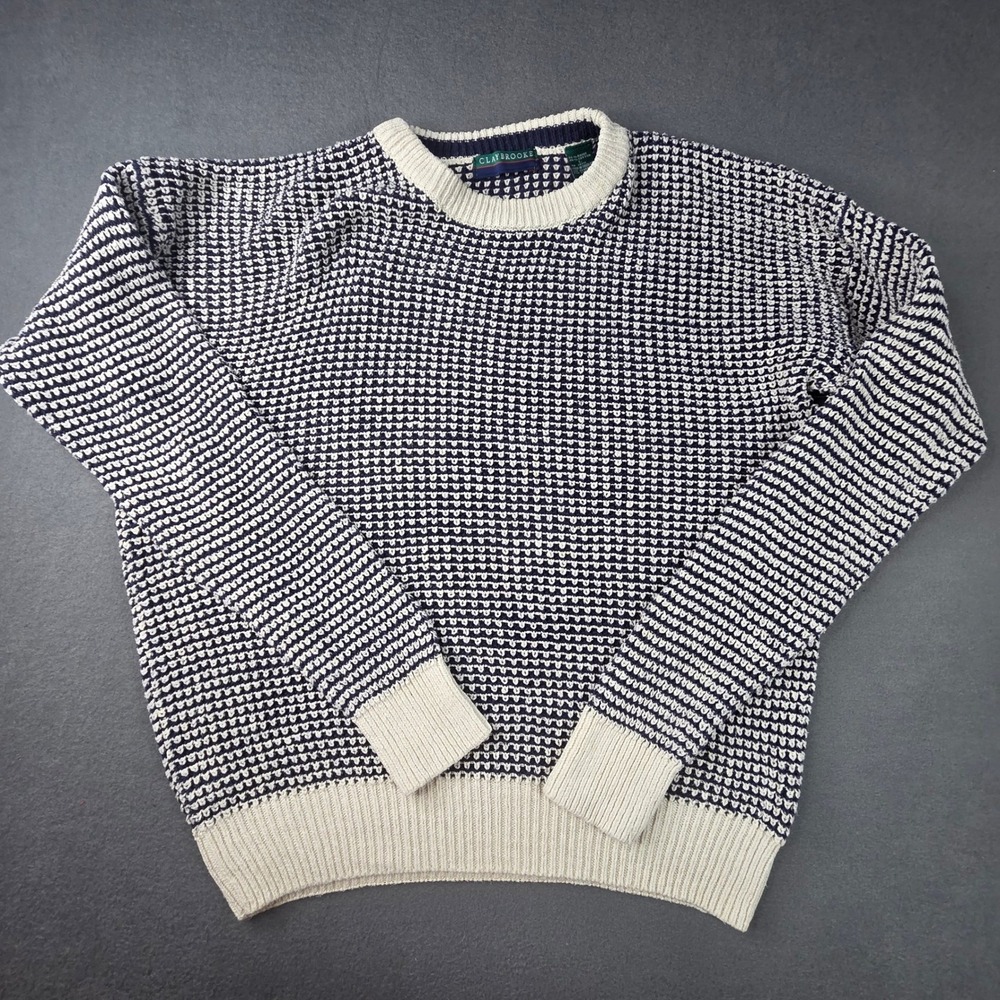 Claybrooke Vintage Mens Large Navy Cream Birds Eye Knit Ramie Cotton Sweater